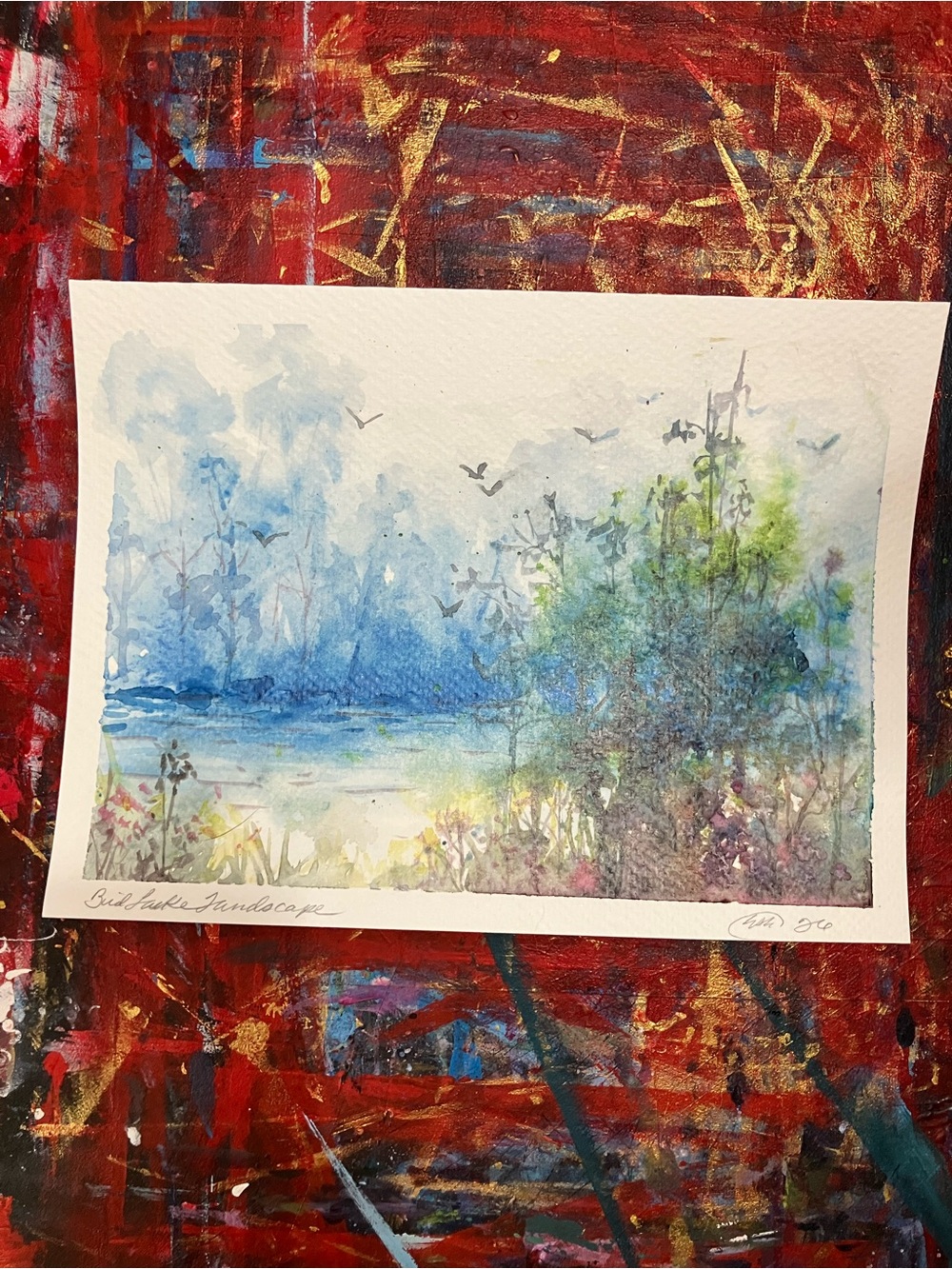 ORIGINAL lake landscape painting nature tree art bird artwork NEW Artettina USA